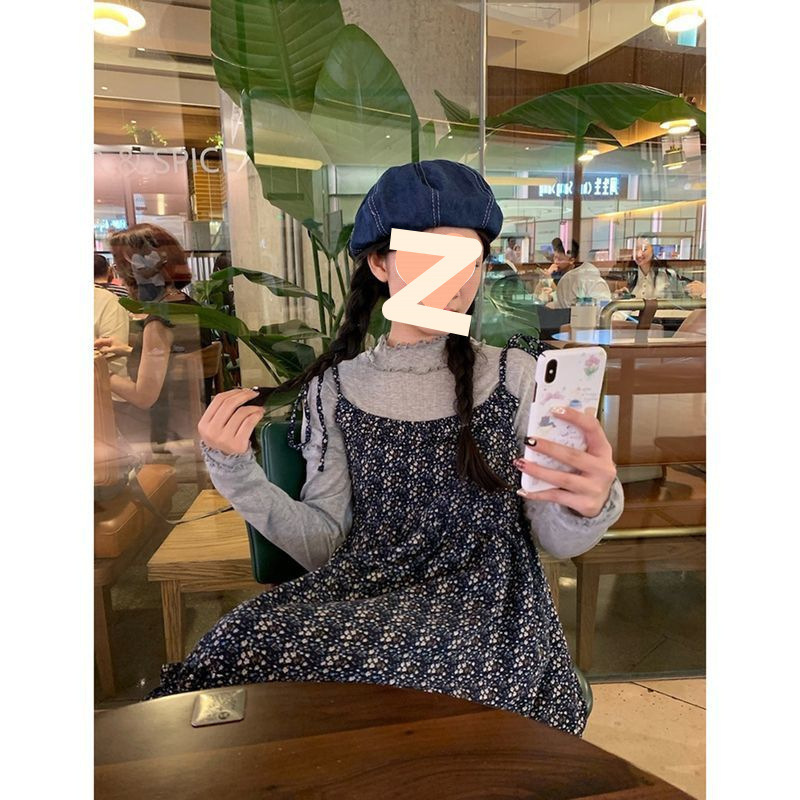 木耳边碎花设计感吊带连衣裙长袖打底衫女秋季2025新款时尚两件套|undefined