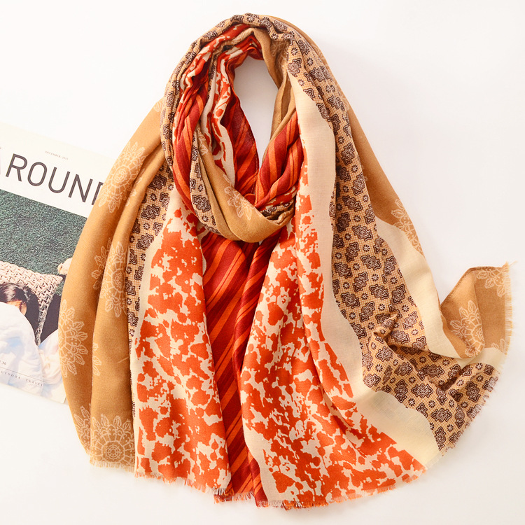 Otoño e invierno nuevo algodón y lino sensación bufanda de seda planta flor suave satén algodón moda chal viajes protección solar bufanda caliente