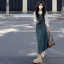 初秋新款女装套装港风高级感牛仔无袖背心连衣裙收腰白衬衫两件套