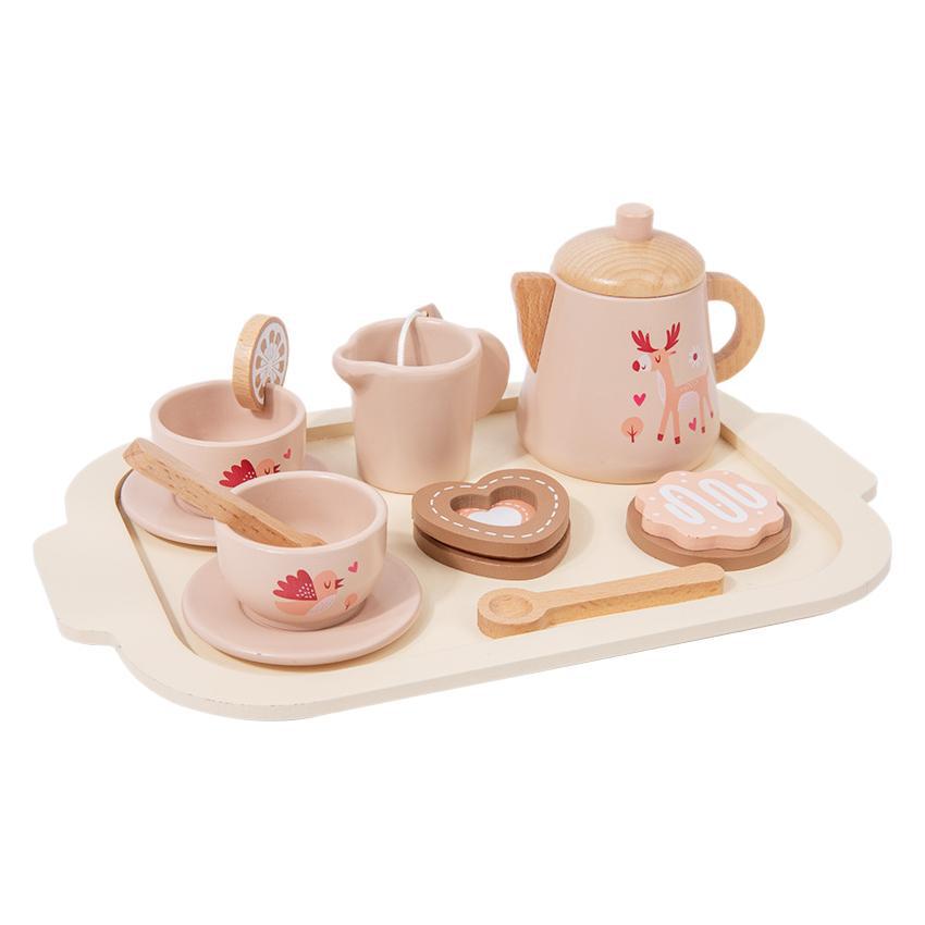 Té de la tarde de simulación de madera para niños, pastel de postre, tetera, taza, juego de té, juego de juegos, juguetes educativos para la educación temprana