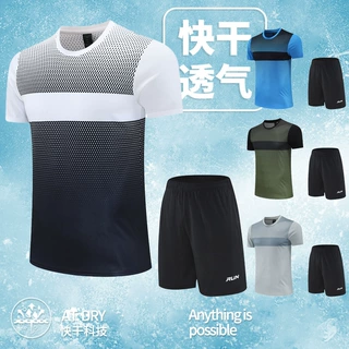 男士速干运动服套装男夏季跑步短袖衣篮球服夏天短裤羽毛健身衣服