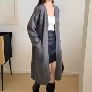 韩系设计感纯色宽松软糯秋冬新款针织中长款开衫慵懒风外穿毛衣女