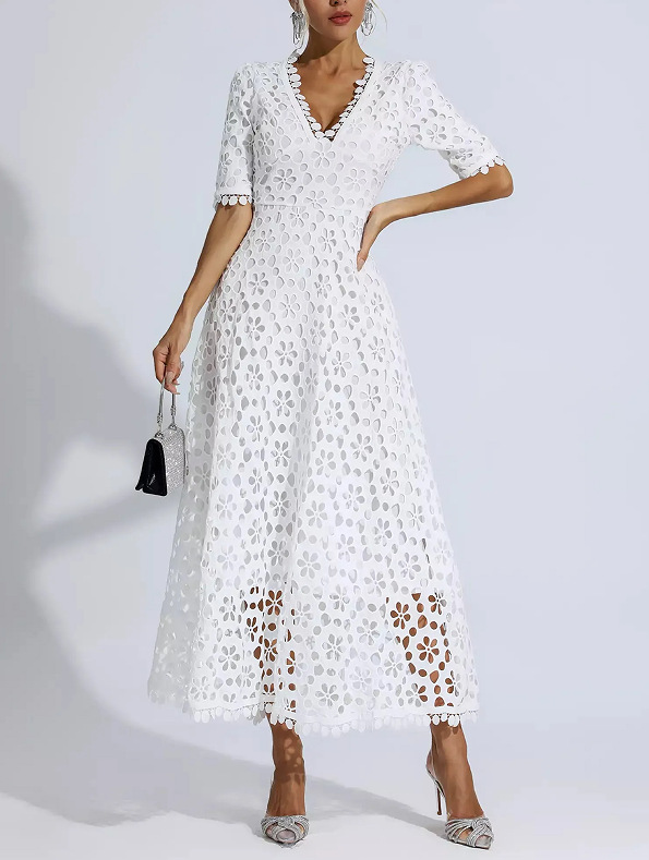 Women's Deep V Neck mid Length Lace Evening Dress Spring/Summer New Arrival European American Style Regular Size_ecoleips.com