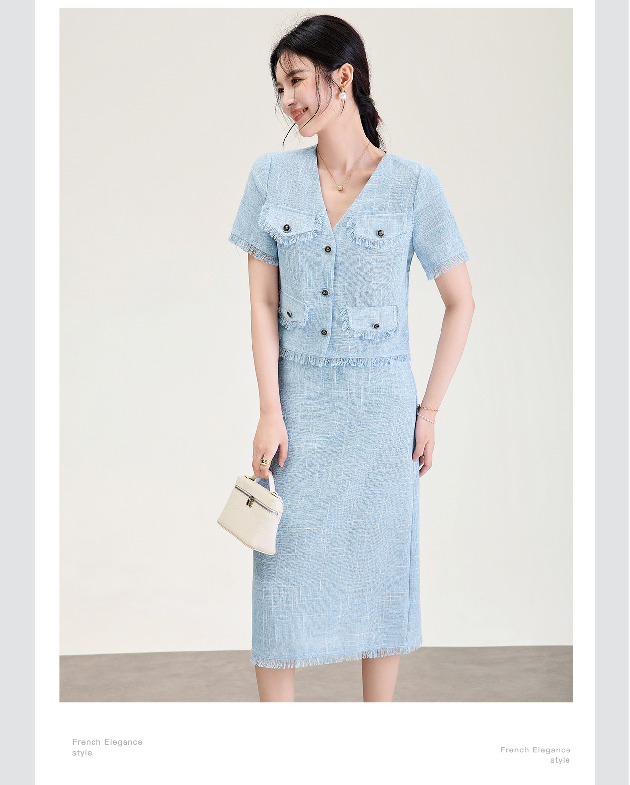 Bộ hai mảnh áo tay ngắn kiểu Chanel + chân váy midi cao cấp nữ mùa hè — xanh lam chi tiết 8