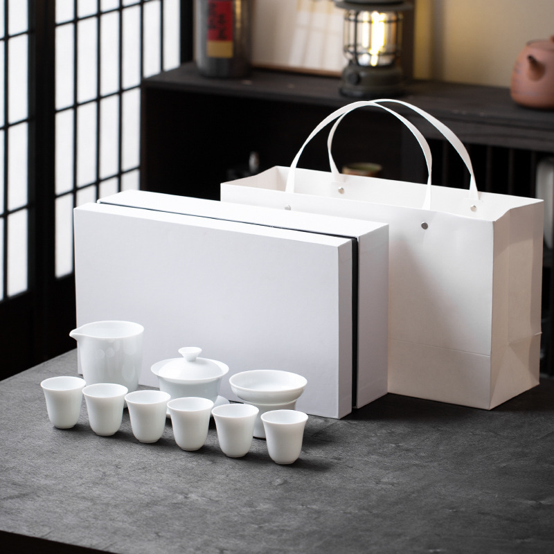 Casual Ceramic Kung Fu Tea Set Dehua White Porcelain Gift Box Packaging Tea Set Business Souvenir with Printable Logo