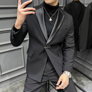 New Men's Casual Suit, Fashionable Slim Banquet Suit, Textured Black Suit Two-Piece Set