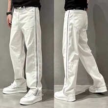 夏季薄款百搭阔腿裤男条纹拼接直筒休闲裤时尚宽松白色牛仔裤男潮