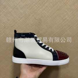 cl andgz男鞋米色铆钉高帮系带红底鞋情侣款女鞋休闲运动板鞋