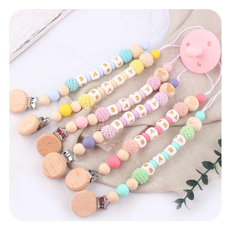 Productos para bebés abrazadera de tetina plana redonda de beech letras de silicona nombre de bebé DIY calmar tetina cadena de prevención de caída cadena