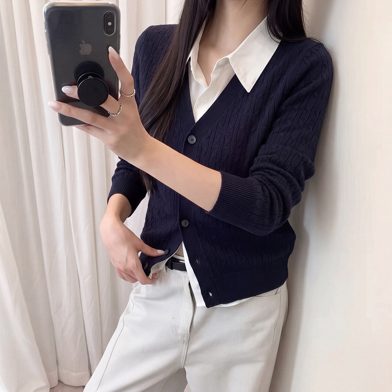 Old Money Style Cable Knit Cardigan with Contrasting Linen Shirt, Faux Two-Piece Cable Knit Wool Sweater, Women's Autumn Coat Old Money Style Cable Knit Cardigan with Contrasting Linen Shirt, Faux Two-Piece Cable Knit Wool Sweater, Women's Autumn Coat
