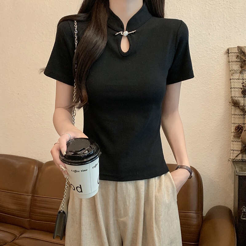 Wholesale Summer Real-Shot 210g 1X1 Cotton Ribbed New Chinese Style National Style Cheongsam Short-Sleeve T-Shirt Women's Slim-Fit Top Wholesale Summer Real-Shot 210g 1X1 Cotton Ribbed New Chinese Style National Style Cheongsam Short-Sleeve T-Shirt Women's Slim-Fit Top