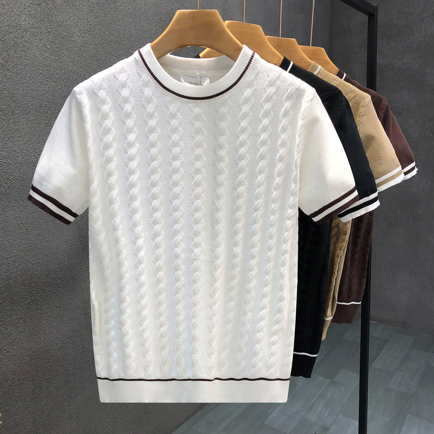 Men's short-sleeved knitted T-shirts, cable knit striped, old-money style, business high-end ice silk summer cross-border factory wholesale