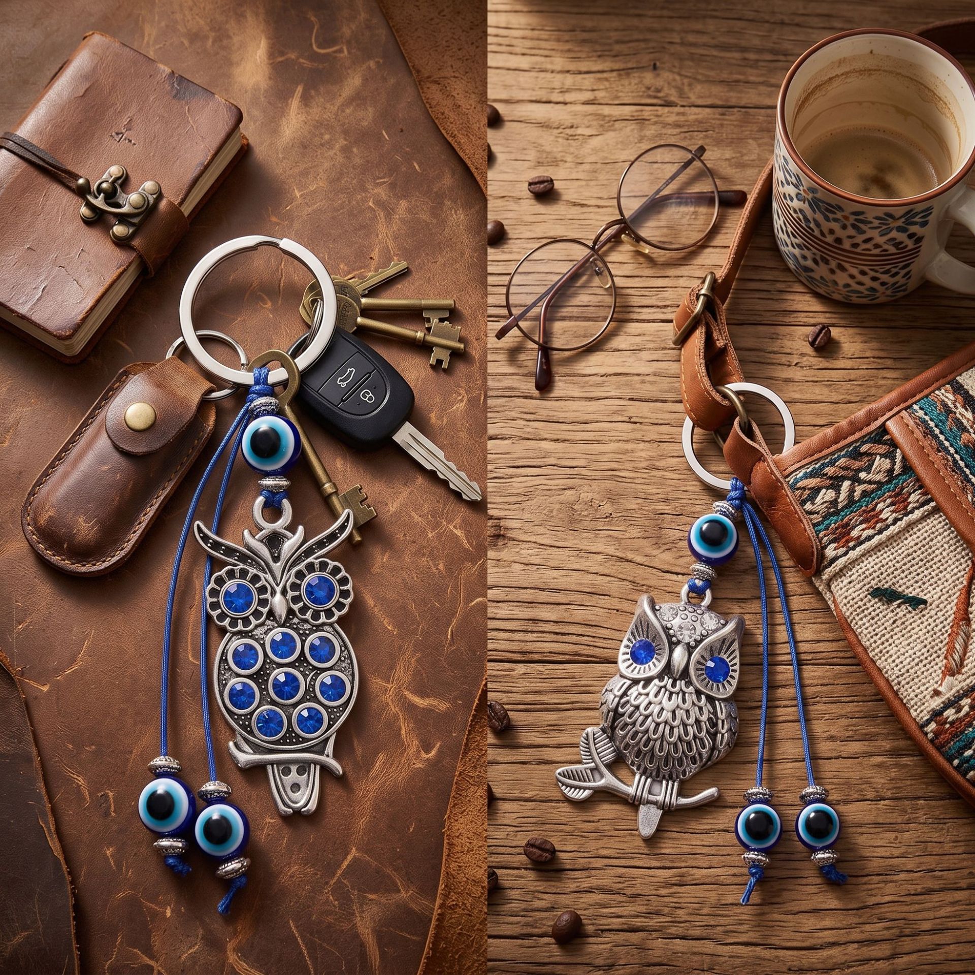Ojos azules búho llavero de aleación mal de ojo retro bolsas creativas para decoraciones de automóviles colgantes