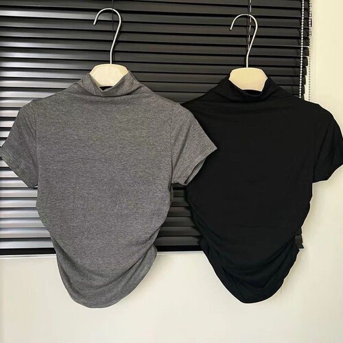 Lady's Folded Waist High-Neck Short-Sleeve T-Shirt with Summer Design, Unique and Slimming for Petite Women, Plain Color Top