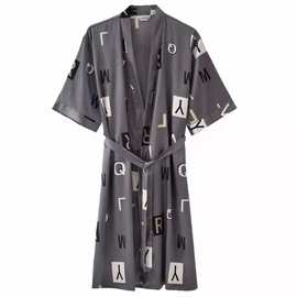 丝绸睡袍男夏季短袖薄款冰丝性感浴袍男中长款和服睡衣大码家居服