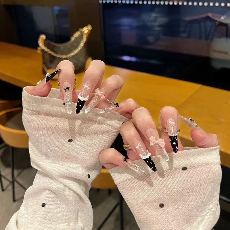 Trendy Black French-Style Bowknot Pearl Polka Dot Ribbon Handmade Press-On Nails Wholesale Uv Gel Nail Stickers Nail Tips Trendy Black French-Style Bowknot Pearl Polka Dot Ribbon Handmade Press-On Nails Wholesale Uv Gel Nail Stickers Nail Tips