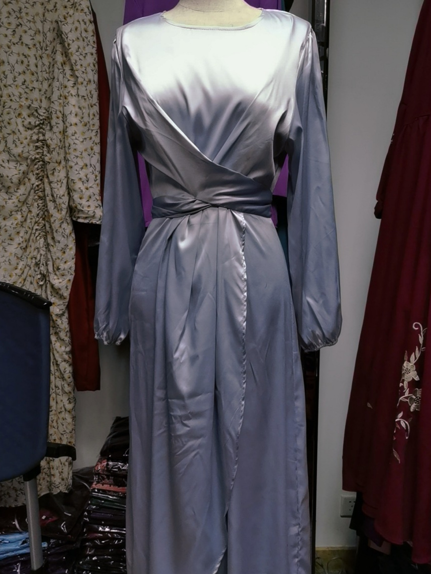 Elegantes Damen Satin Kleid Mit Laternenärmeln Und Bindegürtel_voghion.com
