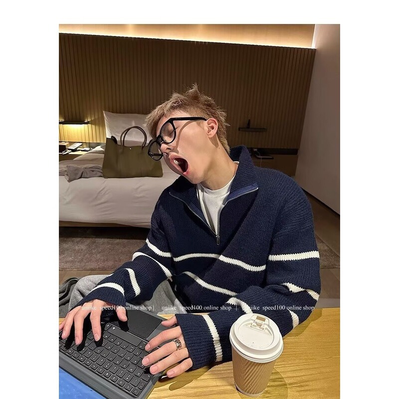 Winter Fashion College Style Thickened Knitted Stand-Up Collar Striped Sweater Men's Outer Wear Lazy Zipper Lapel Knitted Jacket Winter Fashion College Style Thickened Knitted Stand-Up Collar Striped Sweater Men's Outer Wear Lazy Zipper Lapel Knitted Jacket