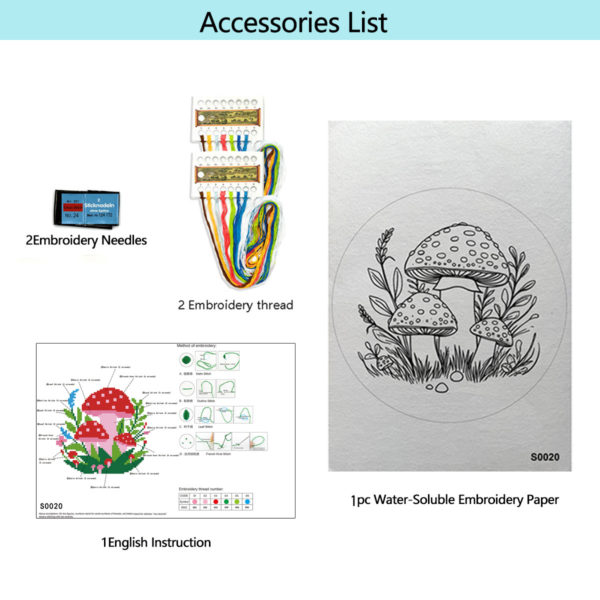 Hermosos hongos (1 hoja de papel soluble en agua + cantidad suficiente de hilo de bordado + dos agujas)