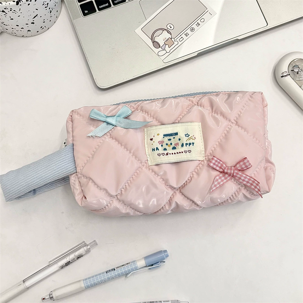 Capacious Pencil Case, Handheld Storage Bag with Bow Accent, Quilted Design, Multiple Colors