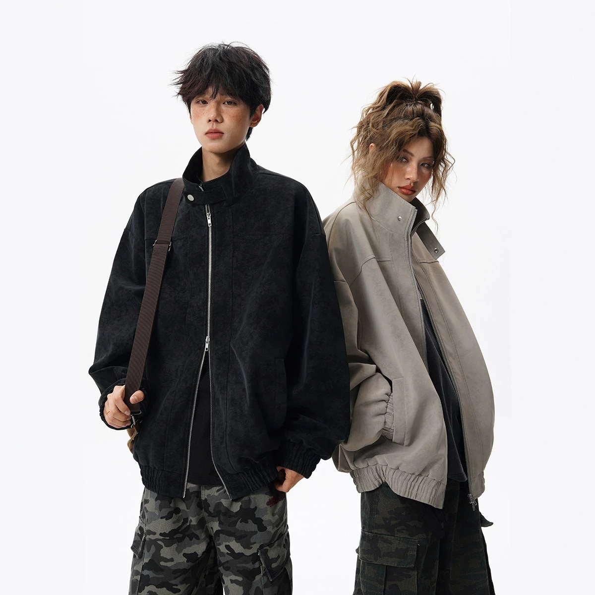 情侣装美式复古扎染皮衣外套男女秋冬季潮牌宽松机车服麂皮绒夹克