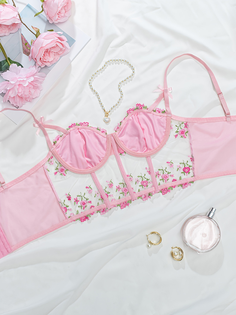 Women's Floral Embroidered Bra With Bow And Adjustable Straps_voghion.com