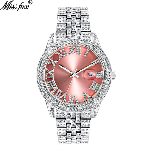 MISSFOX watch, international fashion Roman rose pink full diamond waterproof luminous men's quartz watch cross-border supply