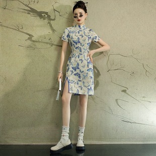 Chinese Style Blue Butterfly Gold-Printed Slim-Fitting Improved Cheongsam Retro Literary and Artistic Floral Dress That Can Be Worn Daily