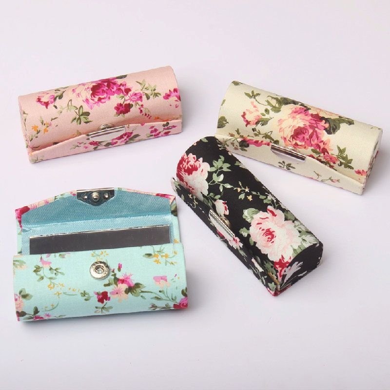 Retro Lipstick Case Portable Colorful Lipstick Box with Mirror Jewelry Silk Ribbon Floral Embroidery Lipstick Protection Storage Box