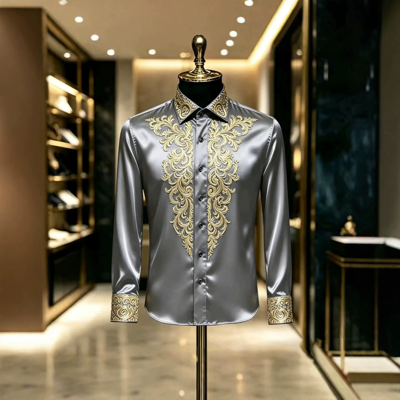 Men's satin long-sleeved shirt, gold baroque-style, slim-fit formal shirt, suitable for weddings and evening events, men's fashion, direct from the manufacturer Men's satin long-sleeved shirt, gold baroque-style, slim-fit formal shirt, suitable for weddings and evening events, men's fashion, direct from the manufacturer