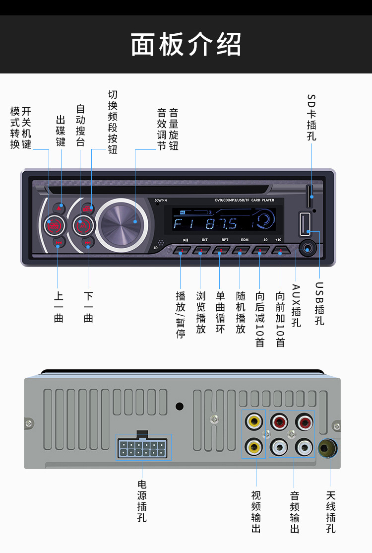 8169A 新品车载蓝牙MP3播放器汽车CD/DVD/VCD音响插卡U盘收音主机详情10