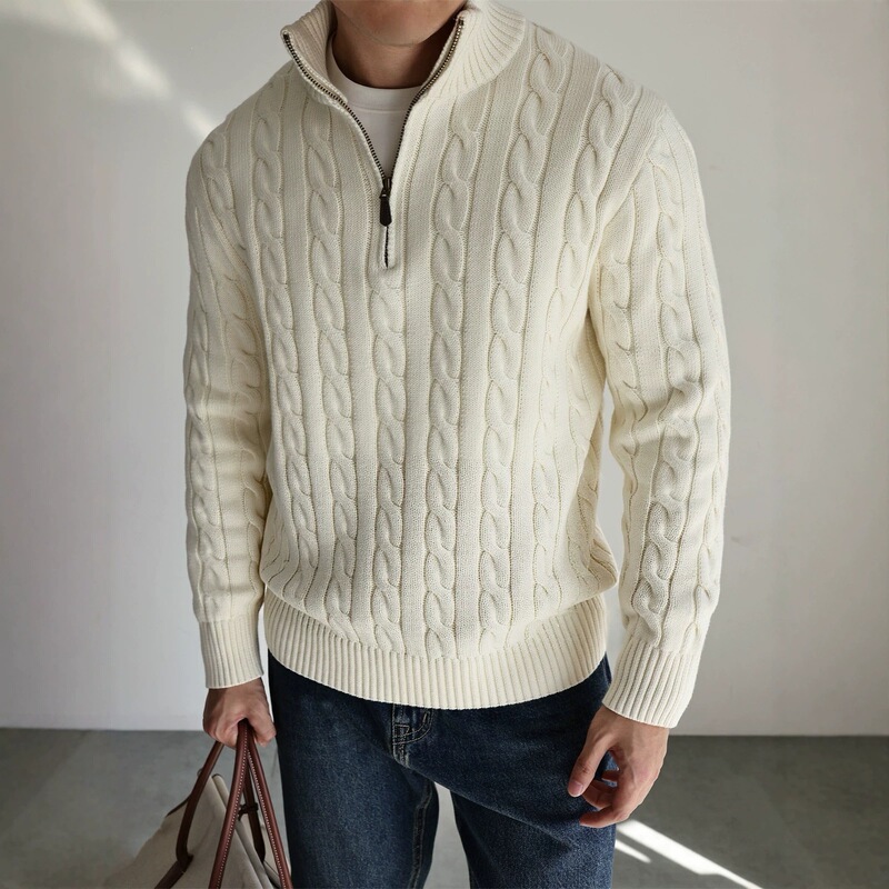 Retro half-zip stand-collar knit sweater for men, featuring a cable-knit pattern, a slim fit, and a vintage, old-money aesthetic Retro half-zip stand-collar knit sweater for men, featuring a cable-knit pattern, a slim fit, and a vintage, old-money aesthetic