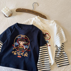 Pure cotton men and women children's tops T-shirt long-sleeved 2025 new fake two-piece cartoon Nezha base shirt spring and autumn