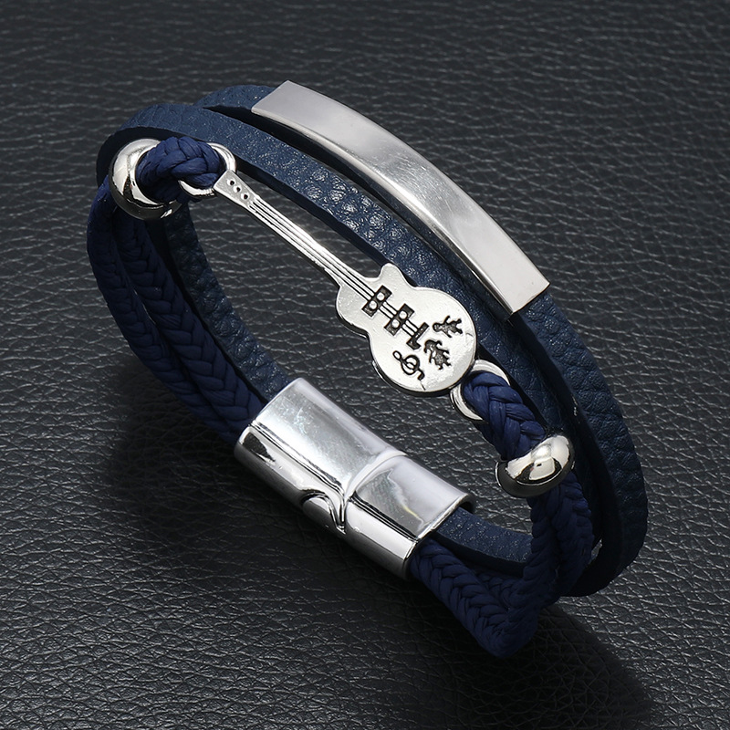 Pulseira masculina estilo punk europeu e americano com guitarra, feita de corda de couro trançada multicamadas, um ótimo presente para namorado._voghion.com