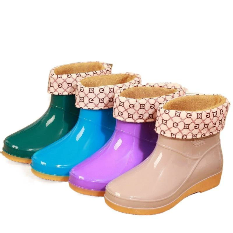 Утолщённые водонепроницаемые ботинки для женщин, короткие резиновые сапожки, подошва из коровьего жевательного материала, с утеплённой подкладкой, противоскользящие, для кухни