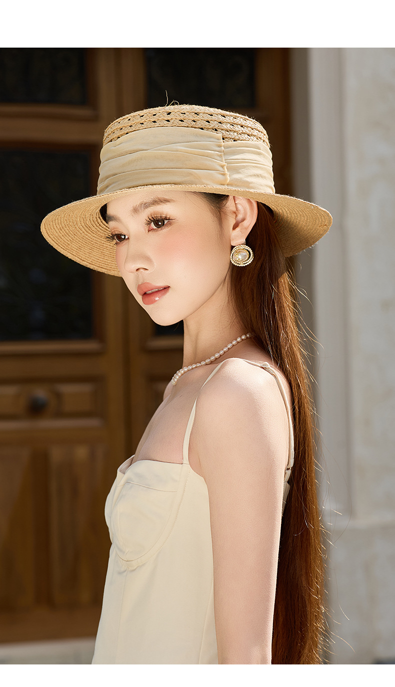 Mũ rơm phẳng vành rộng nữ đi biển chống nắng kiểu Nhật Hàn — Màu be chi tiết 6
