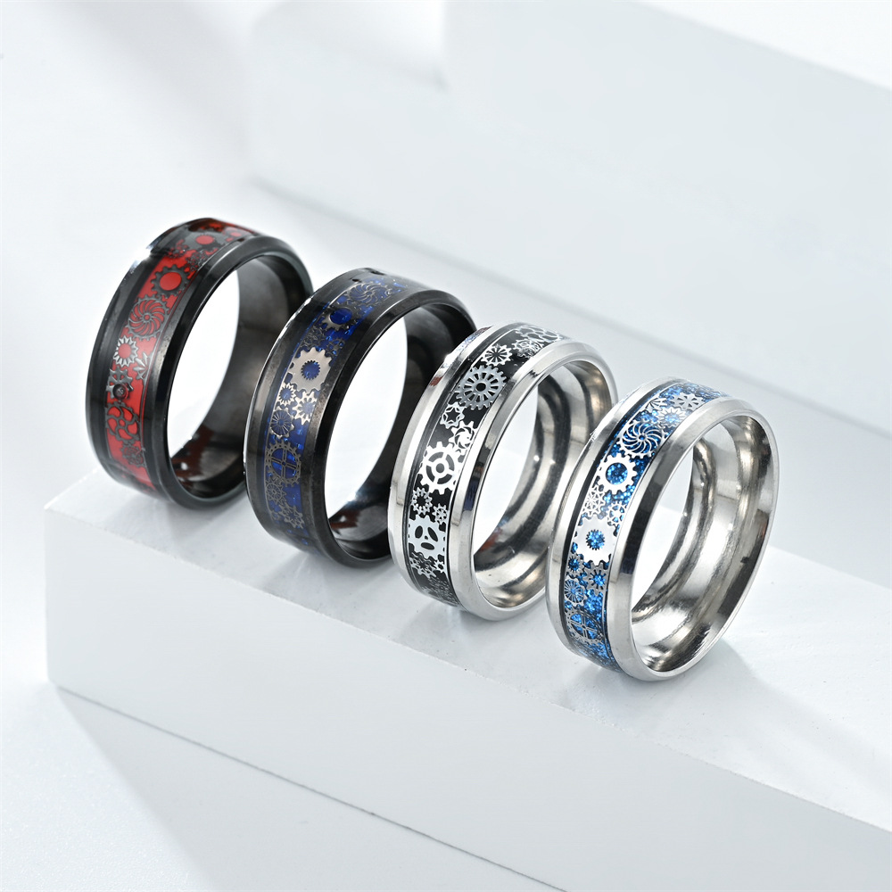 Casual Simple Style Gear Titanium Steel Enamel Couple Rings display picture 2