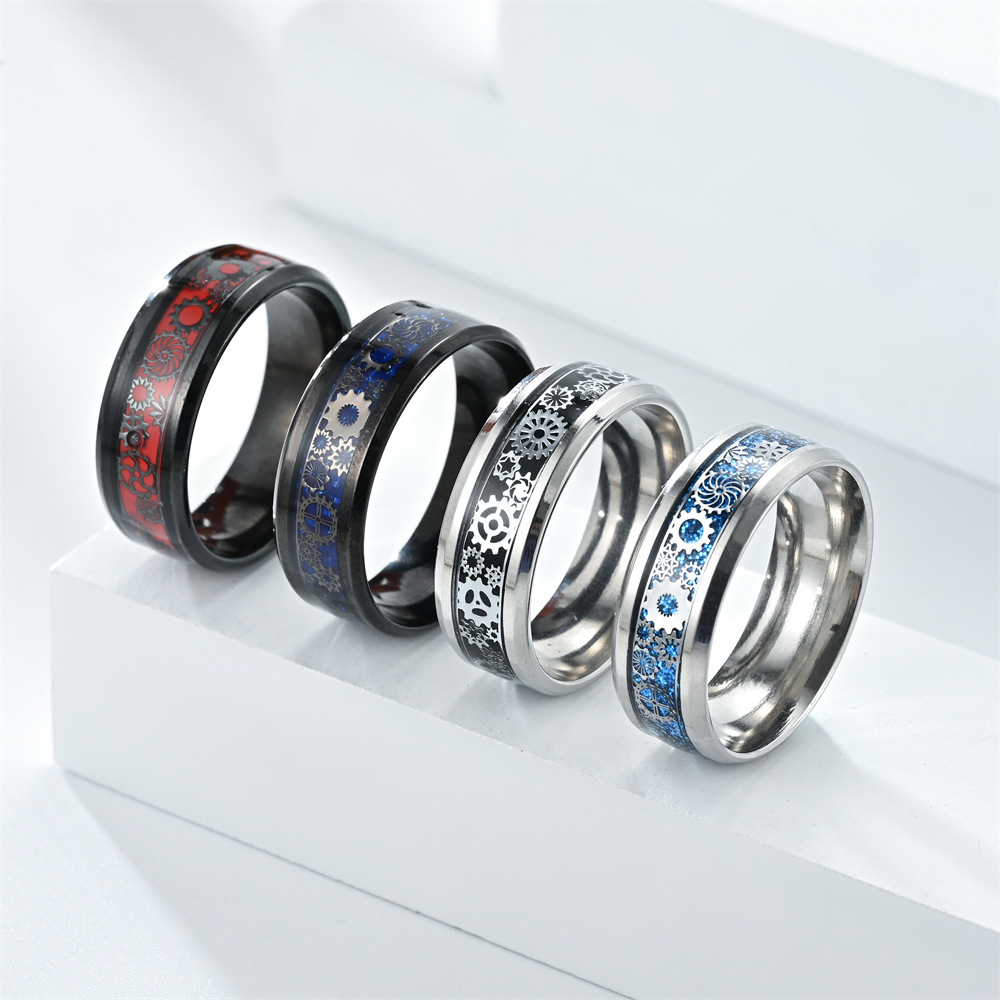 12, 13, 6 Ring Size Casual Simple Style Gear Titanium Steel Enamel Couple Rings