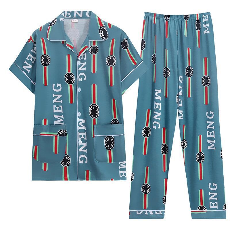 Pijamas de verano de algodón de manga corta para hombres, set de pantalones largos, set de ropa casera delgada de verano se puede usar fuera de dos piezas