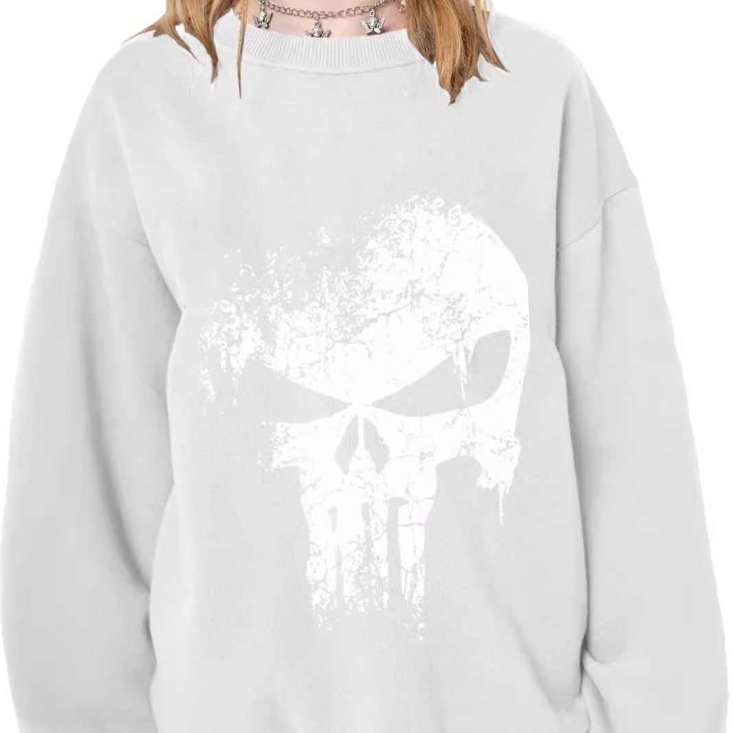2024 Autumn Round Neck Street Print Sweatshirt Skull Cotton Soft Hoodless Loose Pullover Inner Wear For Women_voghion.com
