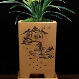 宜兴紫砂兰花盆六方大号陶瓷家用阳台室内带托盘盆景花盆