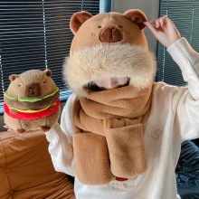 卡皮巴拉毛绒帽子围巾三件套保暖防寒卡通动物女防风帽子围脖一体