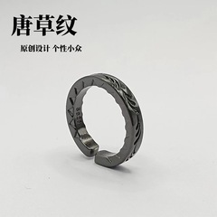 千葉原創泰銀唐草紋戒指男女復古百搭手工製作開口指環刻字單身戒