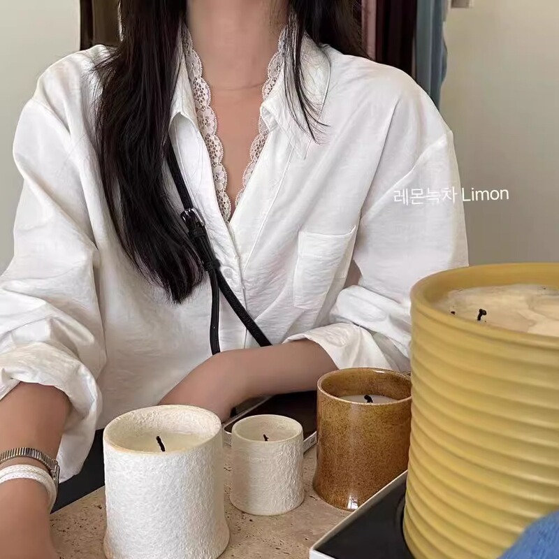 韩版法式V领蕾丝花边长袖衬衫女秋季新款设计感气质小众宽松上衣|undefined