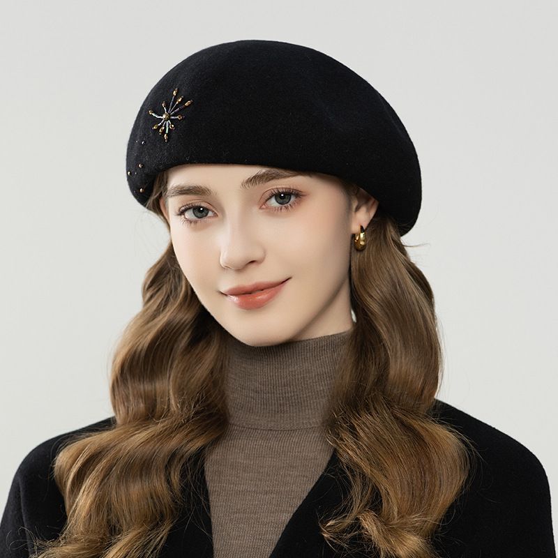 Mũ nồi beret nữ len nguyên chất mềm mại, phong cách thu đông, mặt hiển thị nhỏ — màu be
