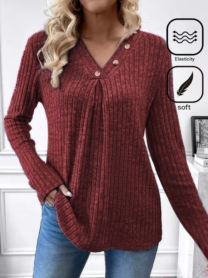 Amazon Cross-border Europe and America Amazon Foreign Trade Women's Autumn and Winter New Casual V-Neck Knitted Shirt Long Sleeve Top