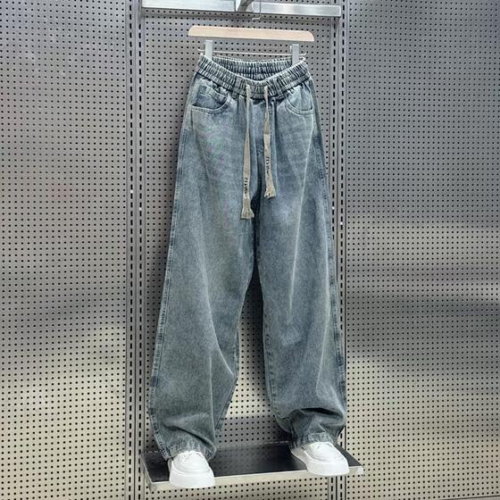 2025 men's spring Hong Kong-style fleece-lined new fashion cool fried street ruffian handsome straight tube loose wide leg jeans