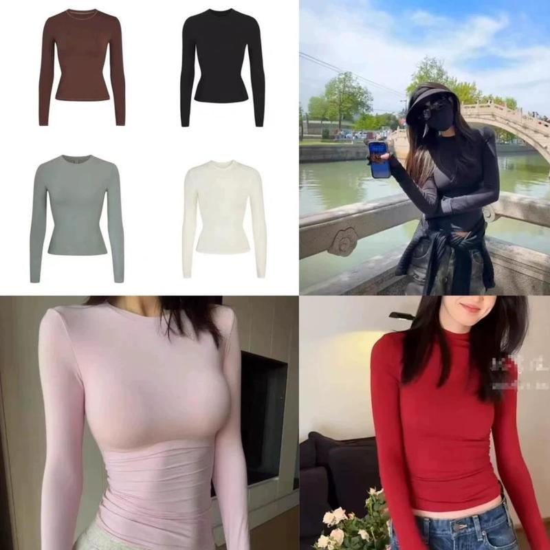 Skims Xiangxiu Same Style Fits Everybody Bottoming Shirt Women's Tight T-Shirt Long-Sleeved Round Neck Slimming Look Top
