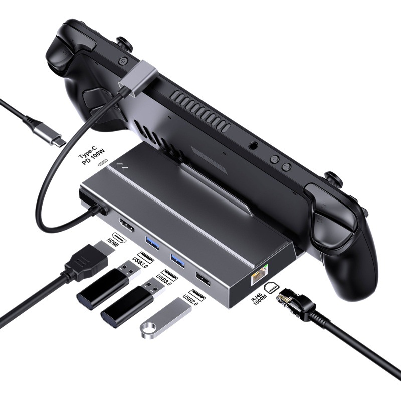 Base de aleación de aluminio de mano 7-en-1 Steam Deck M.2 Tipo-c Hub estación de acoplamiento