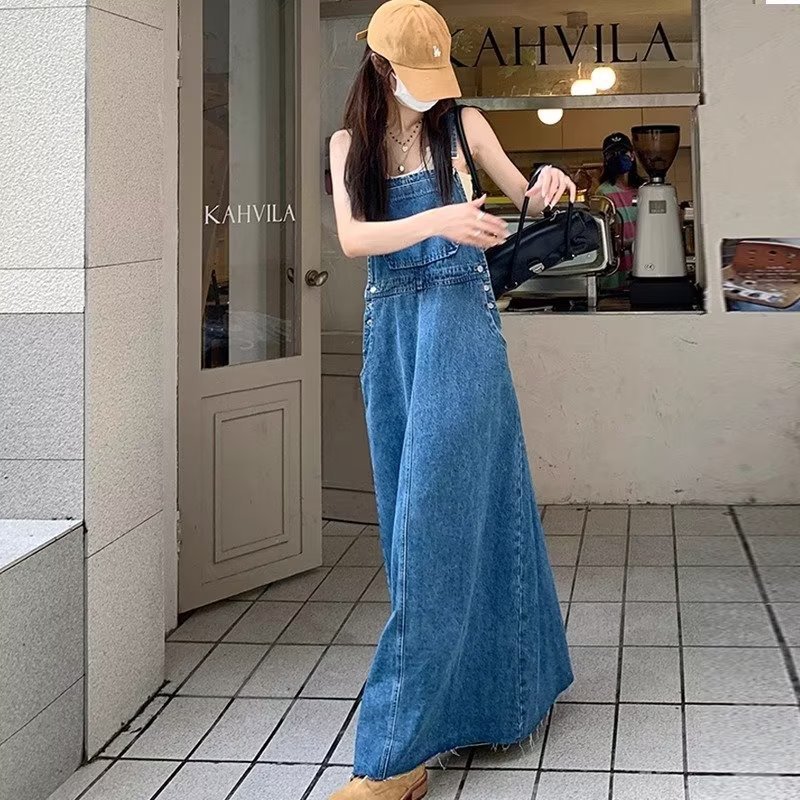 减龄显瘦背带裙牛仔连衣裙女2025秋季新款宽松高个子长裙蓝色裙子|undefined